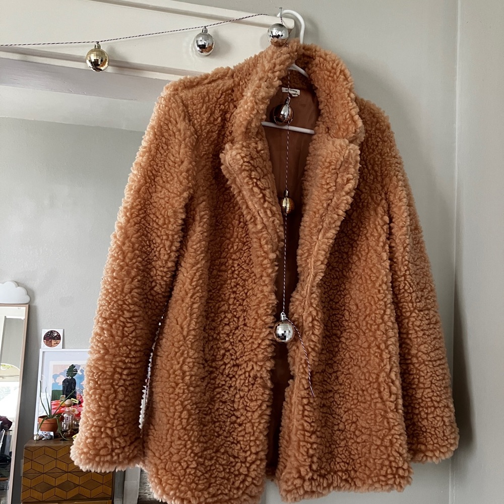 new pink le crème fuzzy barbie dream coat with pockets
